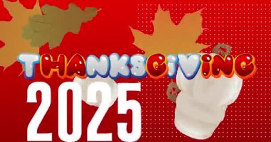 2025 ile Şükran Günü kelimesi, sonbahar yaprağı ve balkabağı. Minnettarlığımı ve hasadımı kutluyorum. Çizgi film animasyon videosu.