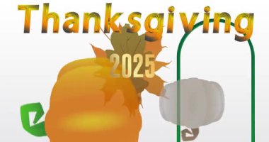 2025 ile Şükran Günü kelimesi, sonbahar yaprağı ve balkabağı. Minnettarlığımı ve hasadımı kutluyorum. Çizgi film animasyon videosu.