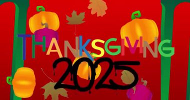 2025 ile Şükran Günü kelimesi, sonbahar yaprağı ve balkabağı. Minnettarlığımı ve hasadımı kutluyorum. Çizgi film animasyon videosu.