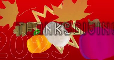 2025 ile Şükran Günü kelimesi, sonbahar yaprağı ve balkabağı. Minnettarlığımı ve hasadımı kutluyorum. Çizgi film animasyon videosu.