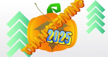 2025 ile Şükran Günü kelimesi, sonbahar yaprağı ve balkabağı. Minnettarlığımı ve hasadımı kutluyorum. Çizgi film animasyon videosu.