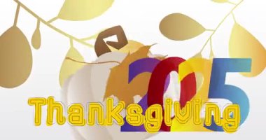 2025 ile Şükran Günü kelimesi, sonbahar yaprağı ve balkabağı. Minnettarlığımı ve hasadımı kutluyorum. Çizgi film animasyon videosu.