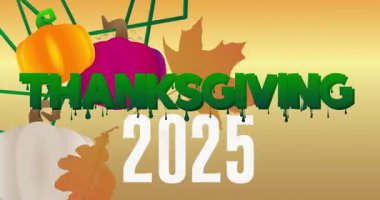 2025 ile Şükran Günü kelimesi, sonbahar yaprağı ve balkabağı. Minnettarlığımı ve hasadımı kutluyorum. Çizgi film animasyon videosu.