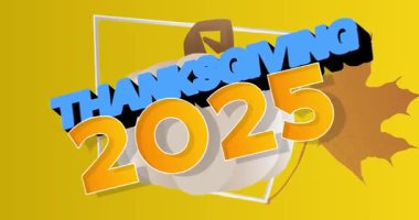 2025 ile Şükran Günü kelimesi, sonbahar yaprağı ve balkabağı. Minnettarlığımı ve hasadımı kutluyorum. Çizgi film animasyon videosu.