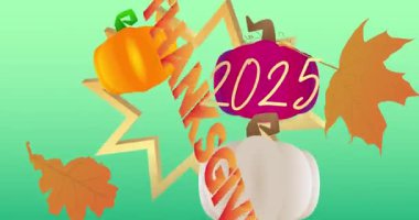 2025 ile Şükran Günü kelimesi, sonbahar yaprağı ve balkabağı. Minnettarlığımı ve hasadımı kutluyorum. Çizgi film animasyon videosu.