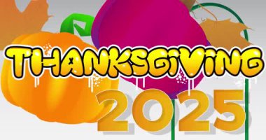 2025 ile Şükran Günü kelimesi, sonbahar yaprağı ve balkabağı. Minnettarlığımı ve hasadımı kutluyorum. Çizgi film animasyon videosu.