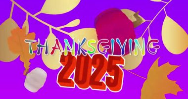 2025 ile Şükran Günü kelimesi, sonbahar yaprağı ve balkabağı. Minnettarlığımı ve hasadımı kutluyorum. Çizgi film animasyon videosu.