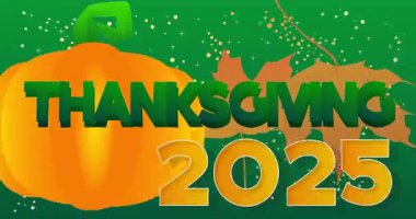 2025 ile Şükran Günü kelimesi, sonbahar yaprağı ve balkabağı. Minnettarlığımı ve hasadımı kutluyorum. Çizgi film animasyon videosu.