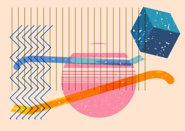 Geometrik şekilli Risograph Crowbar. Geometri elemanları ile modayı gösteren riso grafik desen tasarımı nesneleri.