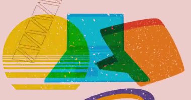 Risograph dizüstü bilgisayar ve geometrik şekilli konuşma balonu animasyonu oluşturur. Moda riso grafik tasarım videosunda nesne taşınıyor.