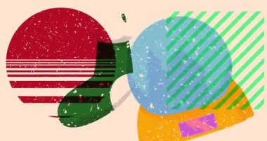 Risograph Noel çorabı ve Geometrik şekilli Kar Küresi animasyonu. Moda riso grafik tasarım videosunda nesne taşınıyor.