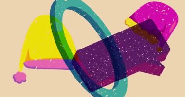 Risograph Noel Baba Şapkası ve geometrik şekilli konuşma balonu animasyonu. Moda riso grafik tasarım videosunda nesne taşınıyor.