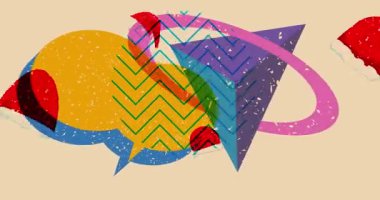 Risograph Noel Baba Şapkası ve geometrik şekilli konuşma balonu animasyonu. Moda riso grafik tasarım videosunda nesne taşınıyor.