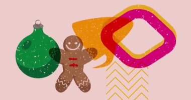 Risograph Noel süsleme balosu ve zencefilli kurabiye ve geometrik şekilli konuşma balonu animasyonu. Moda riso grafik tasarım videosunda nesne taşınıyor.