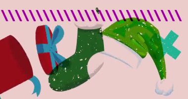 Risograph Noel çorabı, hediye kutusu ve geometrik şekilli Noel Baba şapkası animasyonu. Moda riso grafik tasarım videosunda nesne taşınıyor.