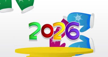 2026 'da Mitten Eldiveni' nin maketi. Animasyon silindiri kaide podyumu. Sunum için sahne gösterisi videosu. En küçük geometrik biçimlerin taşınması.