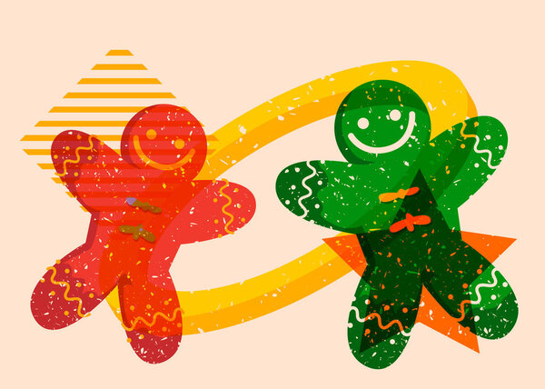 Risograph Gingerbread Man Christmas Cookie with geometric shapes. Objects in trendy riso graph print texture style design with geometry elements.