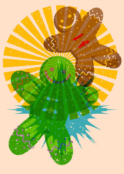 Risograph Gingerbread Man Christmas Cookie with geometric shapes. Objects in trendy riso graph print texture style design with geometry elements.