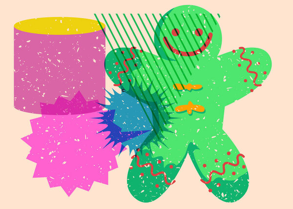 Risograph Gingerbread Man Christmas Cookie with geometric shapes. Objects in trendy riso graph print texture style design with geometry elements.