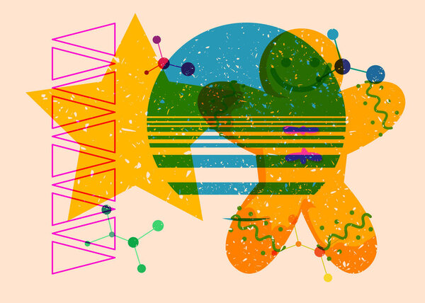 Risograph Gingerbread Man Christmas Cookie with geometric shapes. Objects in trendy riso graph print texture style design with geometry elements.