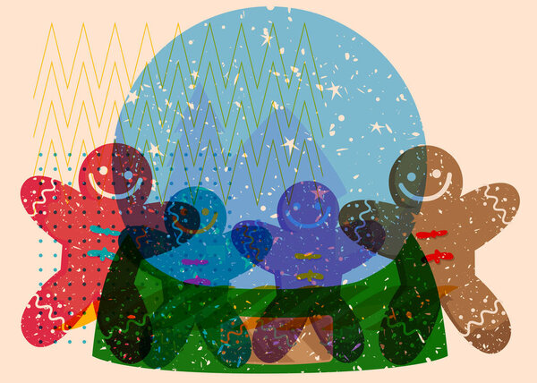 Risograph Snow Globe and Gingerbread Man Christmas Cookie with geometric shapes. Objects in trendy riso graph print texture style design with geometry elements.