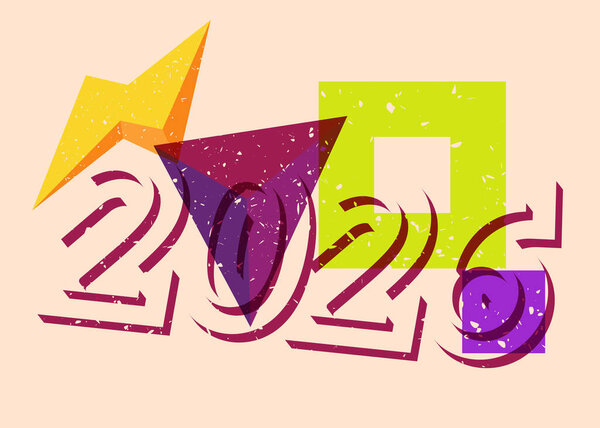 Risograph 2026 with geometric shapes. Objects in trendy riso graph print texture style design with geometry elements.