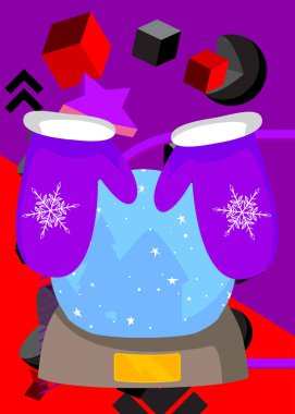 Mitten Glove ve Snow Globe geometrik grafik retro temalı arka plan. Minimum geometrik elementler. Klasik soyut şekiller vektör illüstrasyonu.