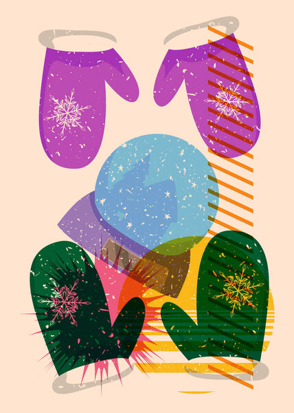 Risograph Mitten Glove and Snow Globe with geometric shapes. Objects in trendy riso graph print texture style design with geometry elements.