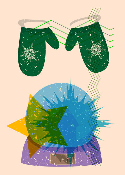 Risograph Mitten Glove and Snow Globe with geometric shapes. Objects in trendy riso graph print texture style design with geometry elements.