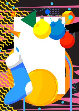 Noel çorabı ve dekorasyon topu geometrik grafik retro temalı arka plan. Minimum geometrik elementler. Klasik soyut şekiller vektör illüstrasyonu.