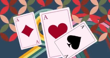 Poker Oynayan Kart ile 70 'lerin Geçmişi animasyonu. Kartlar 1970 'lerin sanat videoları. Minimalist Vintage tasarımı, eski moda renk çizimi.