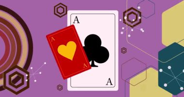 Poker Oynayan Kart ile 70 'lerin Geçmişi animasyonu. Kartlar 1970 'lerin sanat videoları. Minimalist Vintage tasarımı, eski moda renk çizimi.