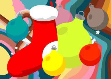 70 'lerin gerisinde Noel çorabı ve dekorasyon balosu var. Havalı 1970 Tatil Sanat Şablonu. Minimalist Vintage tasarım posteri. Eski moda renkli sanat eserleri.