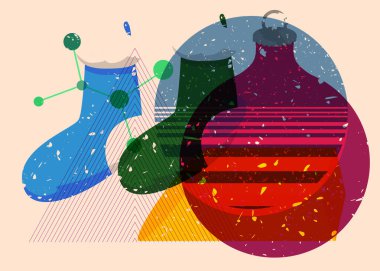 Risograph Noel çorabı ve geometrik şekilli süsleme topu. Geometri elemanları ile modayı gösteren riso grafik desen tasarımı nesneleri.