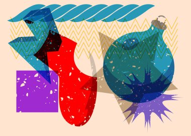 Risograph Noel çorabı ve geometrik şekilli süsleme topu. Geometri elemanları ile modayı gösteren riso grafik desen tasarımı nesneleri.