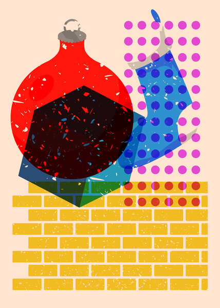 Risograph Christmas stocking and decoration ball with geometric shapes. Objects in trendy riso graph print texture style design with geometry elements.