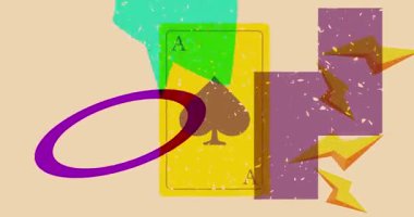 Risograph Poker Kartı ve geometrik şekilli konuşma balonu animasyonu. Moda riso grafik tasarım videosunda nesne taşınıyor.