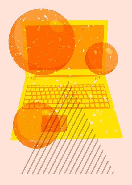 Risograph notebook, laptop with geometric shapes. Objects in trendy riso graph print texture style design with geometry elements.