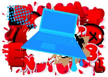 Not defteri, dizüstü bilgisayar grafitisi. Soyut modern sokak sanatı dekorasyonu kentsel resim tarzında gerçekleştirildi.