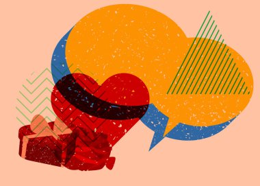 Risograph Red Heart, Gift Box ve Rose ile geometrik şekilli konuşma balonu. Geometri elemanları ile modayı gösteren riso grafik desen tasarımı nesneleri.