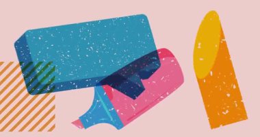 Risograph Keçeli Kalem ve geometrik şekilli konuşma balonu animasyonu. Moda riso grafik tasarım videosunda nesne taşınıyor.