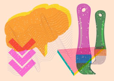 Geometrik şekilli konuşma baloncuklu Risograph fırçası. Geometri elemanları ile modayı gösteren riso grafik desen tasarımı nesneleri.