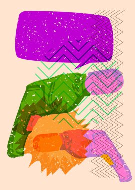 Geometrik şekilli konuşma baloncuğu ile Risograph Matkabı. Geometri elemanları ile modayı gösteren riso grafik desen tasarımı nesneleri.