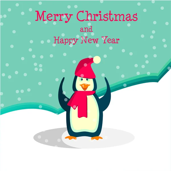 Christmas card with a happy penguin in hat — Stock Vector