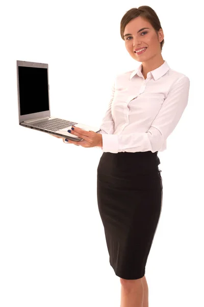 Офісний менеджер стоїть на білому з ноутбуком . — стокове фото