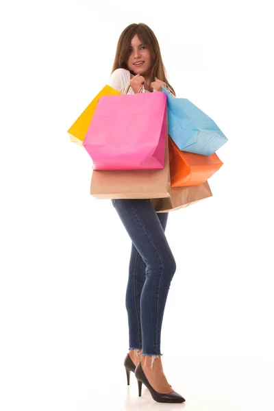 Chica abrazó sus bolsas después de la venta del Viernes Negro. — Foto de Stock