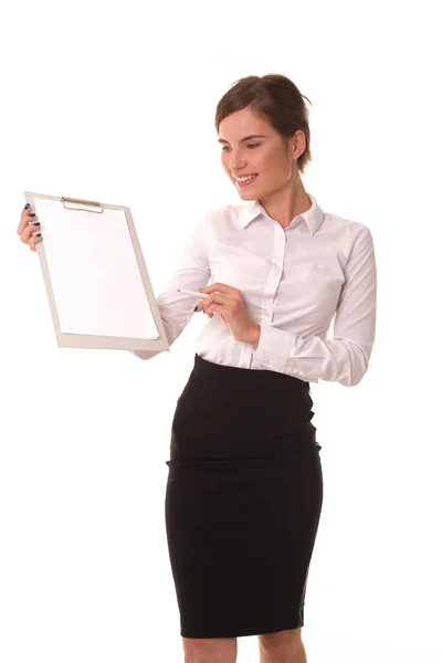 A Brunette woman shows something on tablet. — Stock Photo, Image