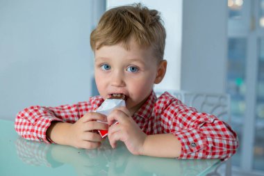 Boy sits at the table and eats a chocolate bar.  clipart
