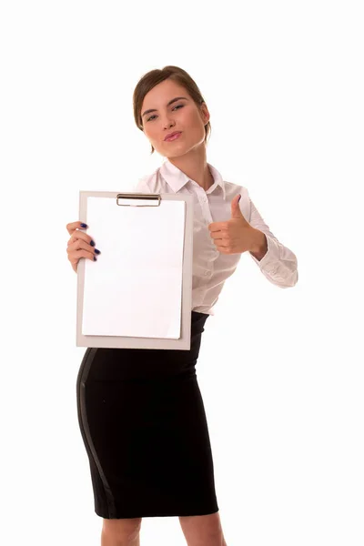 Girl shows a super gesture and holds a tablet. — Stock Photo, Image