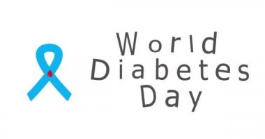 Bir damla kanla mavi kurdele, kurdele diyabet farkındalığı. Kasım ayı farkındalık kampanyaları için modern tarz logo illüstrasyonu. Tıbbi Canlandırma.